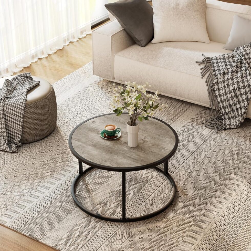 SAYGOER Small Round Coffee Table, Modern Coffee Tables for Living Room, Simple Center Table for Small Space Home Office Gardern, 27.6 × 27.6 × 17.7inch, Grey Wash