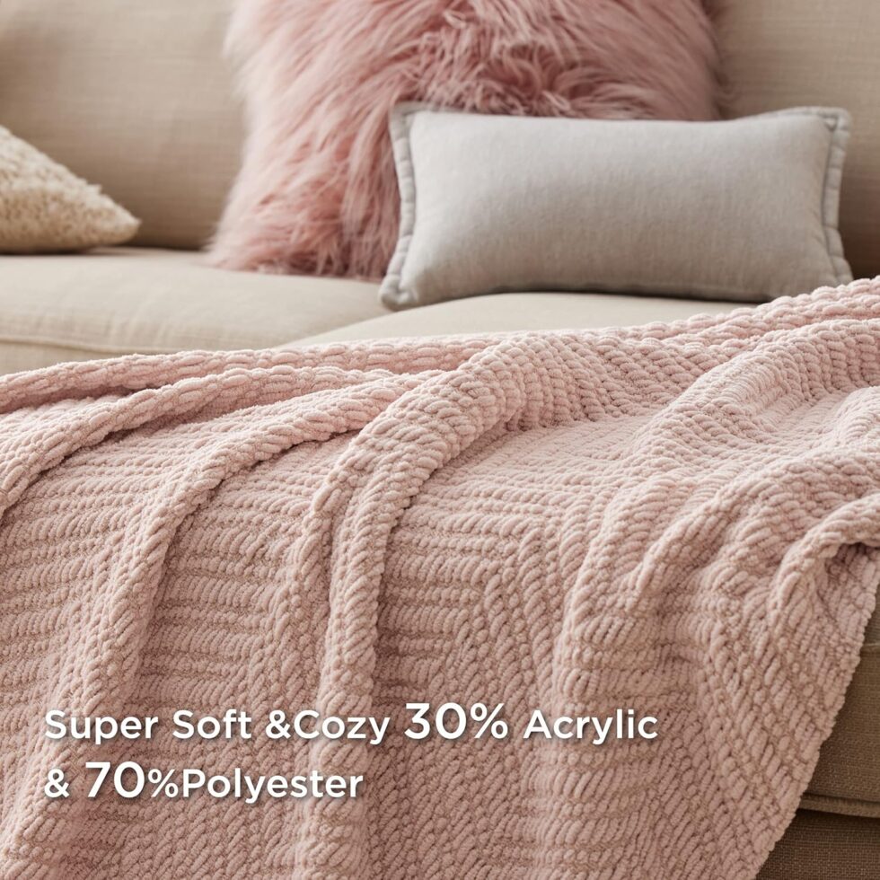 Bedsure Throw Blankets for Couch - Textured Knit Woven Chenille Blanket - Super Soft, Warm Decorative Boho Throw with Tassels for Bed, Sofa and Living Room, Pink, 50x60 Inches