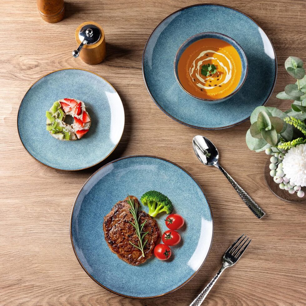 AmorArc Ceramic Dinnerware Sets for 4, 12 Pieces Handpainted Plates and Bowls Set, Scratch Resistant Stoneware Dishes Set, Dishwasher & Microwave Safe, Ceylon Blue