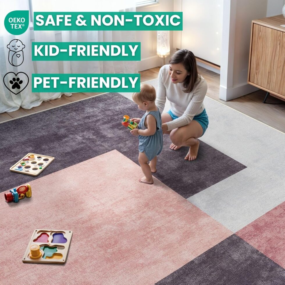 Bloom Rugs Washable Non-Slip 9' x 12' Rug - Pink/Dark Gray Modern Geometric Area Rug for Living Room, Bedroom, Dining Room, and Kitchen - Exact Size: 9' x 12'