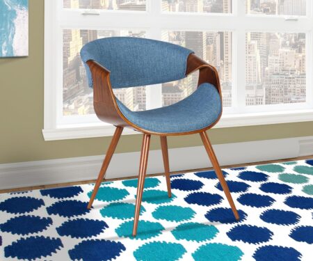 Armen Living Butterfly Mid-Century Dining Chair in Walnut Finish and Blue Fabric
