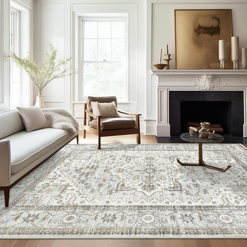 8x10 Area Rugs for Living Room, Stain Resistant Neutral Washable Rugs for Dining Room, Floral Vintage Non-Slip Thin Large Size Area Rug （Blue＆Beige）