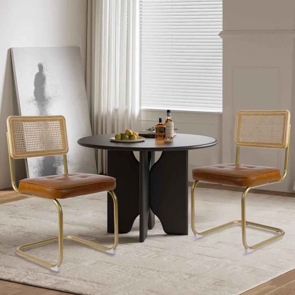 CangLong Natural Rattan Dining Chairs Set of 2, Upholstered Faux Leather Kitchen Chairs, Modern Dining Room Chairs with Solid Wood Back & Sturdy Metal Legs for Living Room, Restaurant, Brown