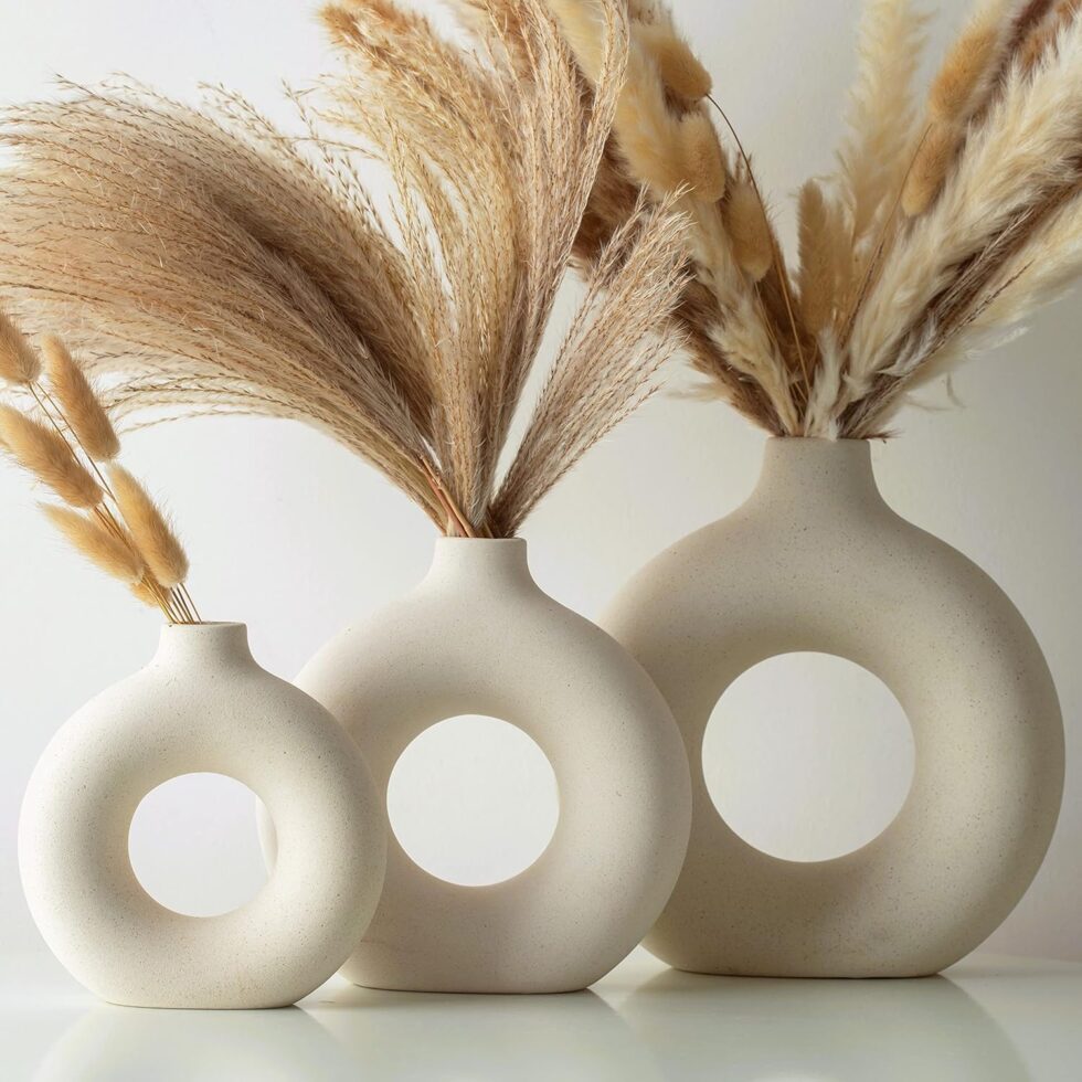 White Ceramic Donut Vase for Pampas Grass Dried Flowers, Bedroom Decor Aesthetic, Modern Boho Circle Round Vase, Neutral Home Decor, 7.5" Tall