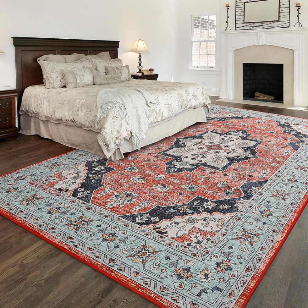 FlyDOIT Vintage Washable Area Rug, 6x9 Red Blue Floral Medallion Large Rugs for Living Room, Ultra Soft Accent Bedroom Rug, Indoor Non-SLI Throw Carpet for Entryway Dorm Kitchen Dining Room Decor