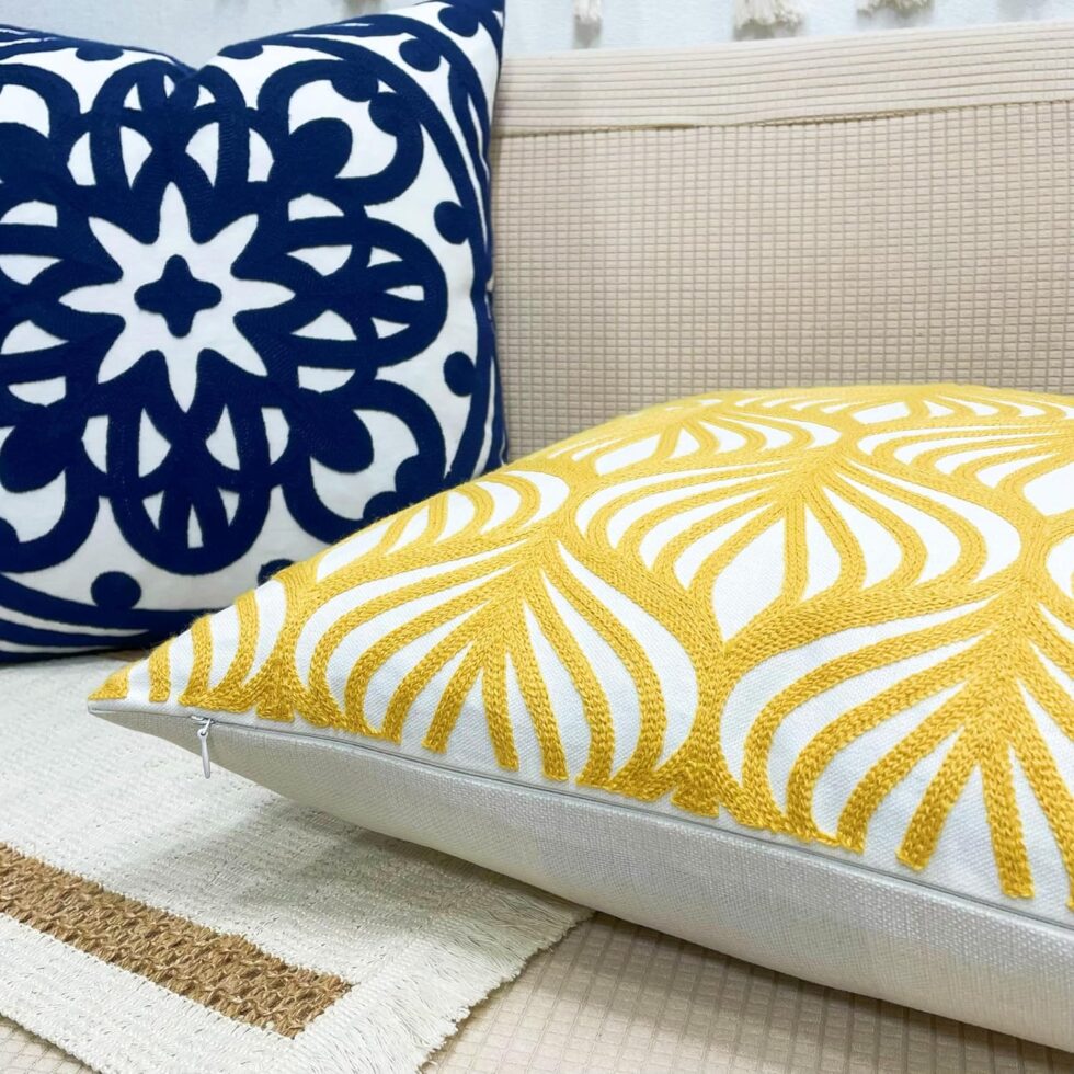 Slow Cow Embroidery Decorative Throw Pillow Cover Case for Couch Sofa Home Decor Modern Geometric Accent Pillow Cushion Cover 18 x 18 Inches Yellow