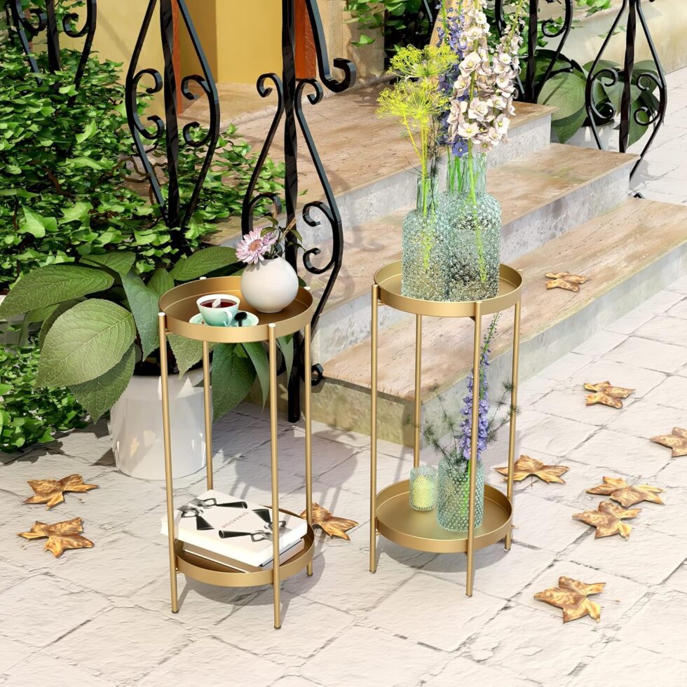 OVICAR Plant Stand Indoor Outdoor - Flower Pot Holder Metal Plant Rack Organizer, 2 Tiers Tall Plant Display Storage Shelf Table For Home Garden Patio Bathroom Office Living Room Balcony Corner (gold)
