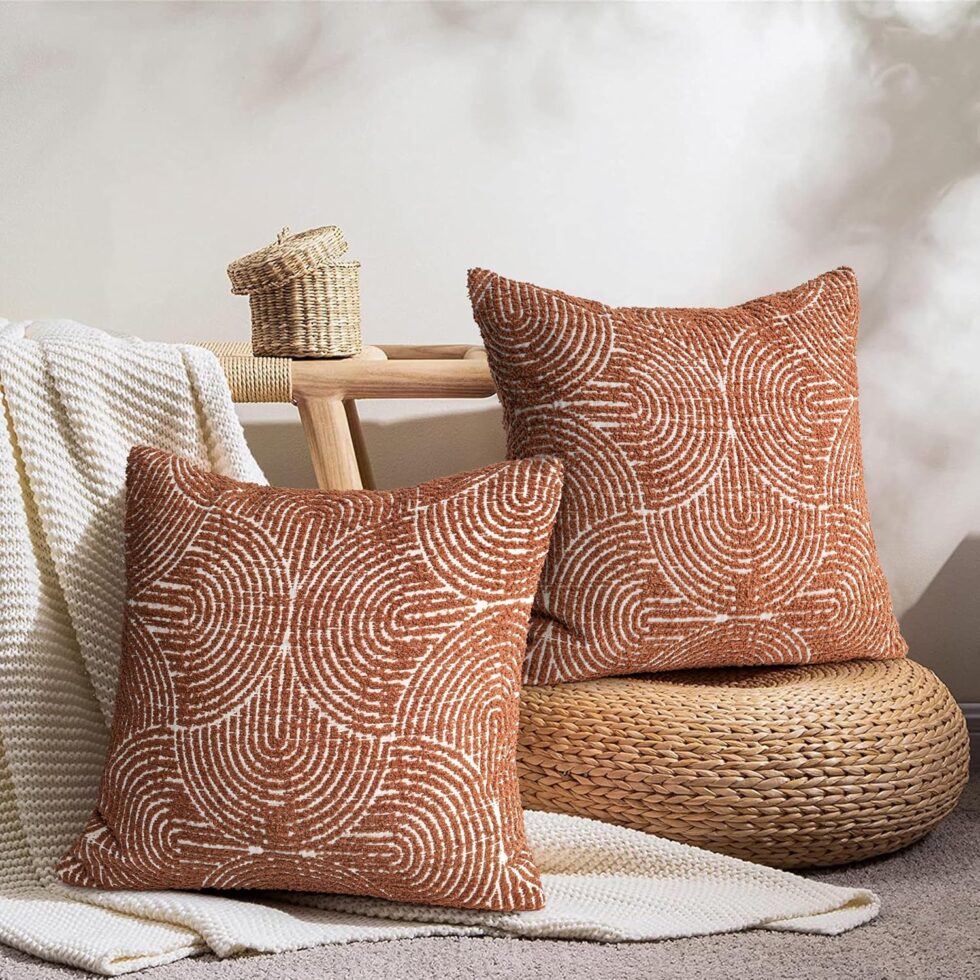 AELS Boho Decorative Textured Throw Pillow Covers 18x18, Organic Modern Mid Century Rainbow Tufted Pillow Case, Farmhouse Rustic Geometric Woven Cushion Case for Bed Couch Sofa, Burnt Orange