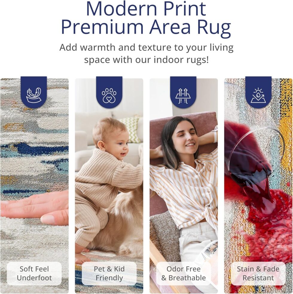 Abani Rugs Orange & Blue Contemporary Abstract Area Rug Contemporary Style, Porto Collection | Turkish Made Superior Comfort & Construction | Stain Shedding Resistant, 5'3" x 7'6" Rectangle