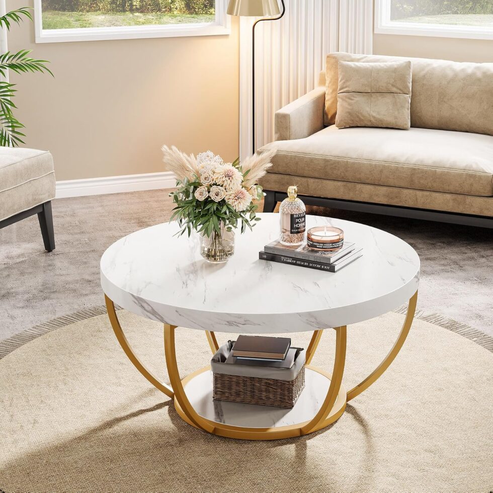 Tribesigns Modern Round Coffee Table, 2 Tier Coffee Table with Faux White Marble and Golden Metal Legs, Circle Center Table Tea Table Accent Furniture for Living Room, White and Gold