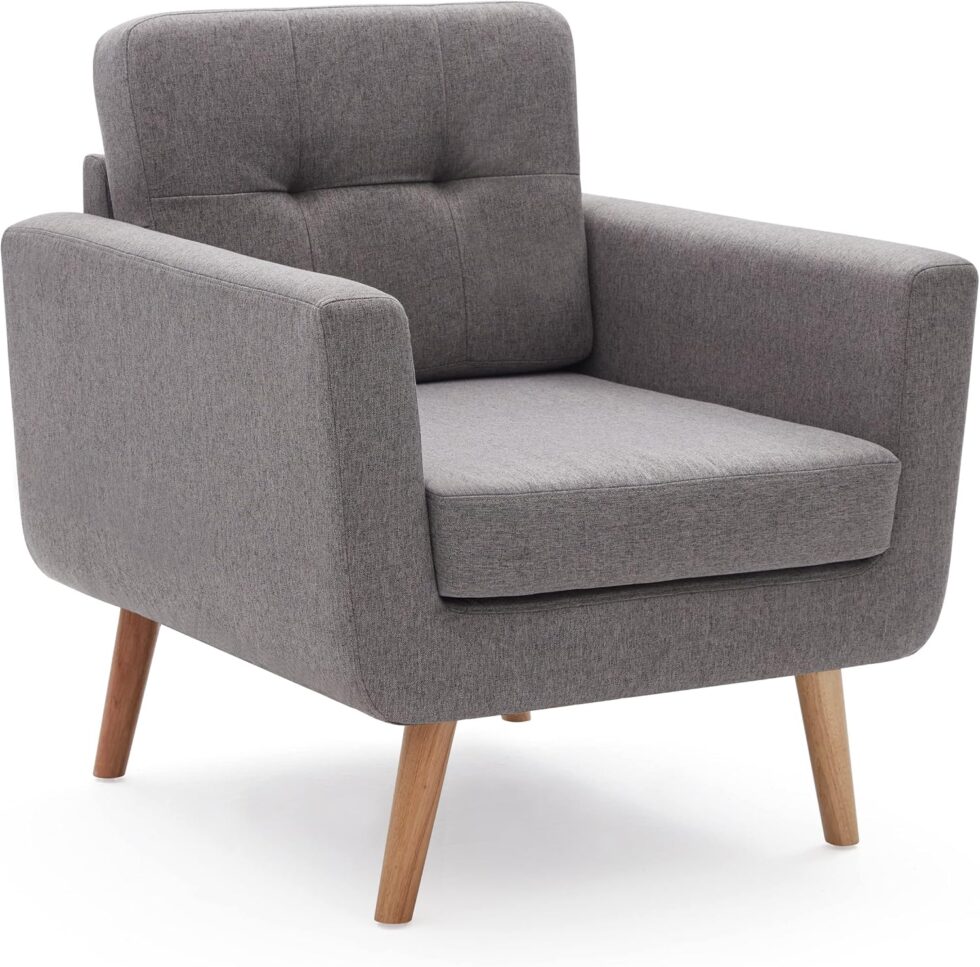 Tbfit Accent Chair, Reading Chair for Living Room & Bedroom, Mid Century Modern Arm Chair, Button Tufted Upholstered Accent Chairs Sofa with Solid Wood Frame (Stone Grey)