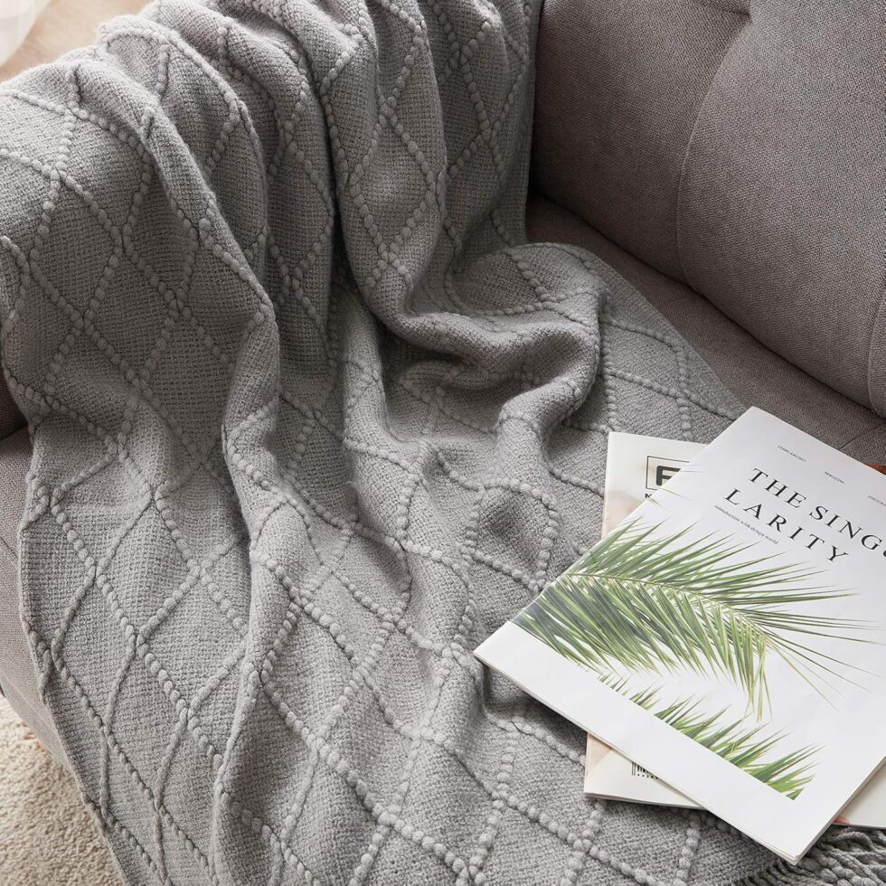 BOURINA Light Grey Throw Blanket 50 x90 Inches Throw Textured Solid Soft Sofa Throw Bed Runner Couch Cover Knitted Decorative Blanket Bed Runner
