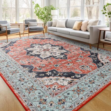 FlyDOIT Vintage Washable Area Rug, 6x9 Red Blue Floral Medallion Large Rugs for Living Room, Ultra Soft Accent Bedroom Rug, Indoor Non-SLI Throw Carpet for Entryway Dorm Kitchen Dining Room Decor