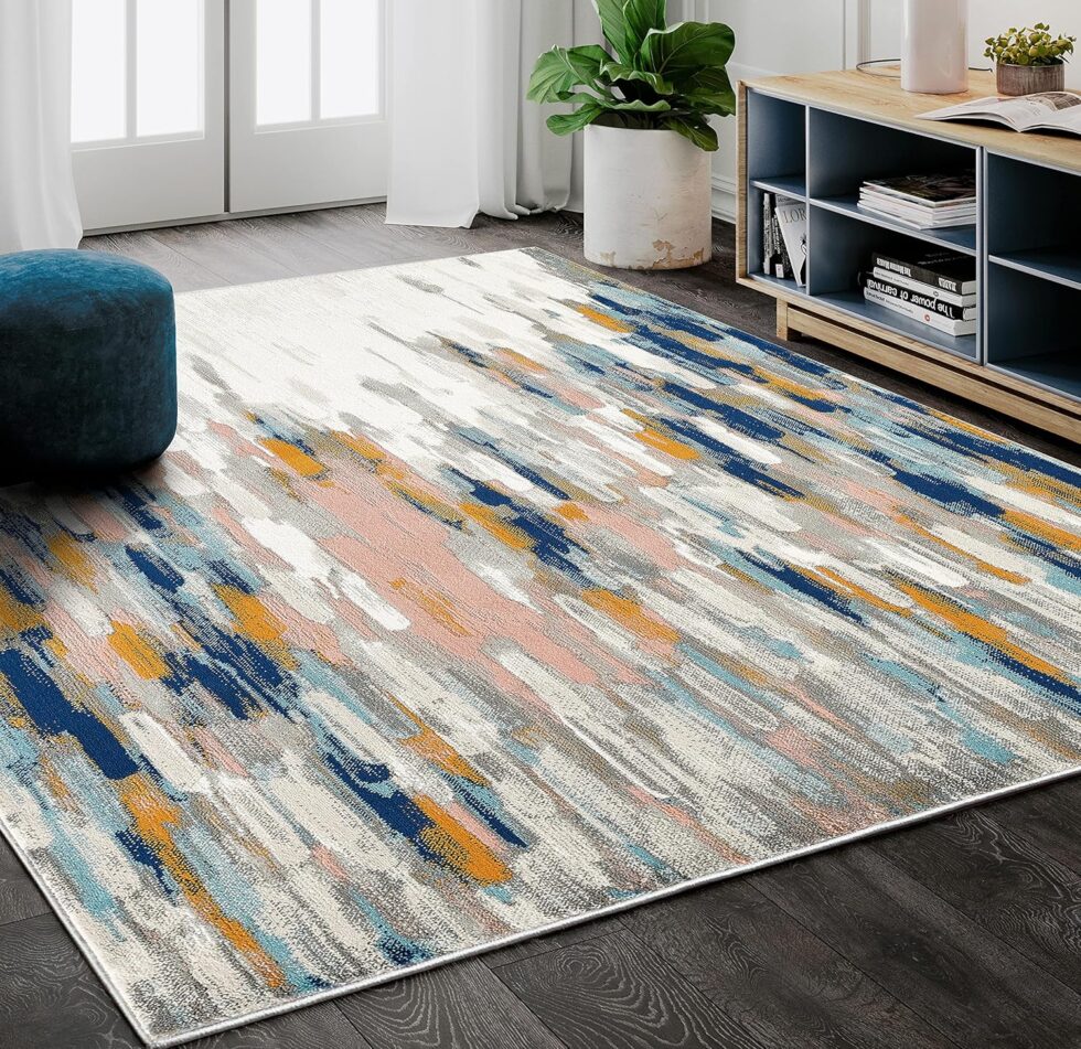 Abani Rugs Orange & Blue Contemporary Abstract Area Rug Contemporary Style, Porto Collection | Turkish Made Superior Comfort & Construction | Stain Shedding Resistant, 5'3" x 7'6" Rectangle