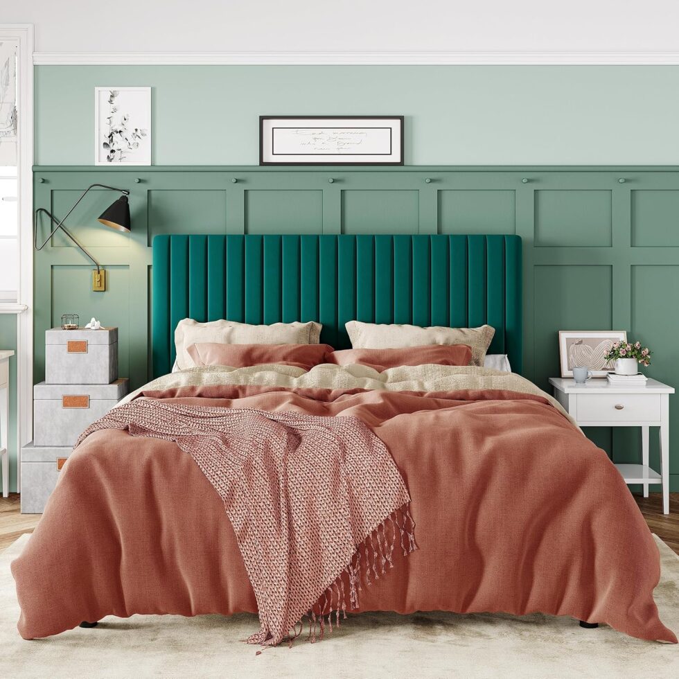 Allewie Queen Bed Frame, Velvet Upholstered Platform Bed with Adjustable Vertical Channel Tufted Headboard, Mattress Foundation with Strong Wooden Slats, Box Spring Optional, Easy Assembly, Teal