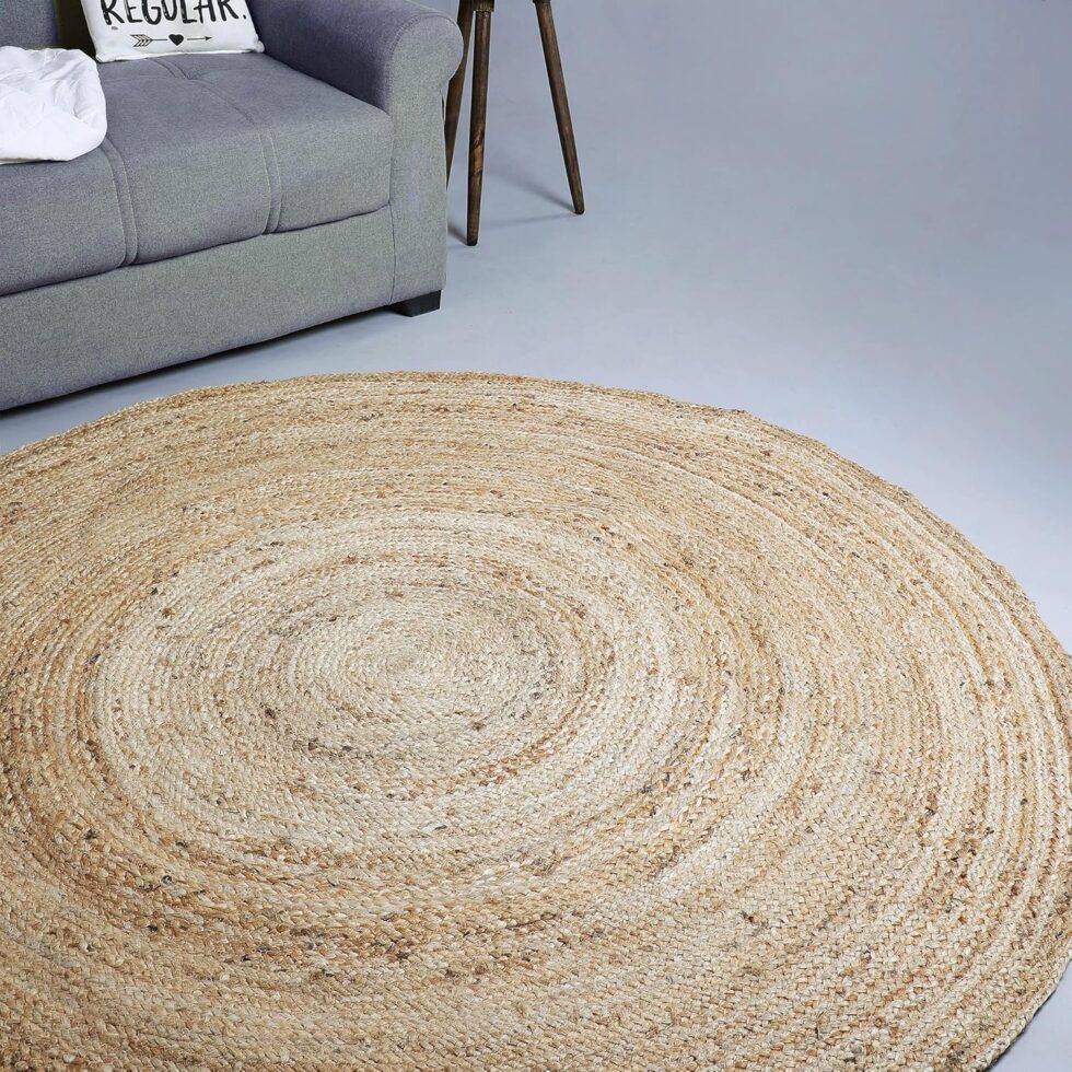 Hausattire Hand Woven Jute Braided Rug, 4’ Round – Natural, Reversible Boho Entry Area Rugs for Kitchen, Living Room I Farmhouse Decorative Floor Rug, 4 Feet Round