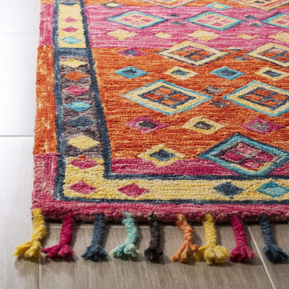 SAFAVIEH Aspen Collection Area Rug - 9' x 12', Orange & Fuchsia, Handmade Boho Braided Tassel Wool, Ideal for High Traffic Areas in Living Room, Bedroom (APN138A)