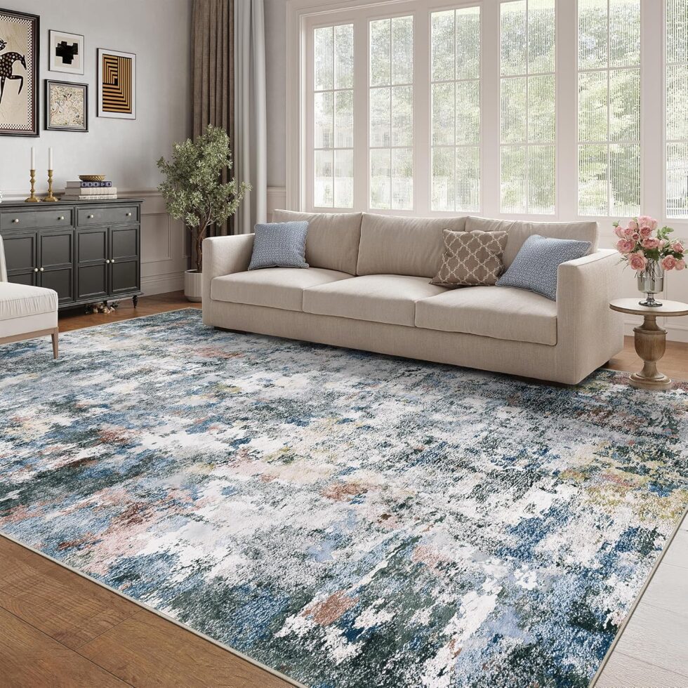 8x10 Washable Area Rug - Modern Abstract Distressed Vintage Carpet with Non-Slip Backing, Stain Resistant & Non-Shedding for Living Room Bedroom, Dining Table, Home Office(Multi-Color, 8'x10')