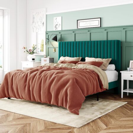 Allewie Queen Bed Frame, Velvet Upholstered Platform Bed with Adjustable Vertical Channel Tufted Headboard, Mattress Foundation with Strong Wooden Slats, Box Spring Optional, Easy Assembly, Teal