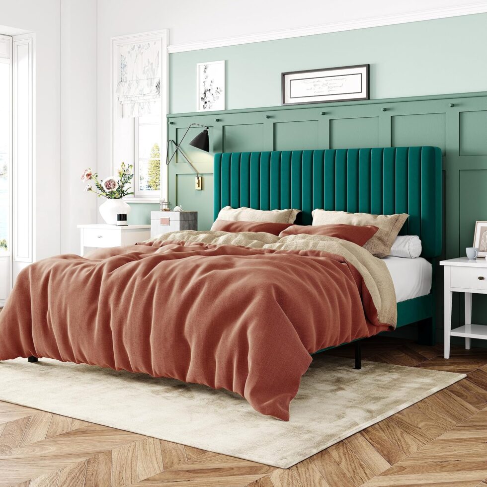 Allewie Queen Bed Frame, Velvet Upholstered Platform Bed with Adjustable Vertical Channel Tufted Headboard, Mattress Foundation with Strong Wooden Slats, Box Spring Optional, Easy Assembly, Teal