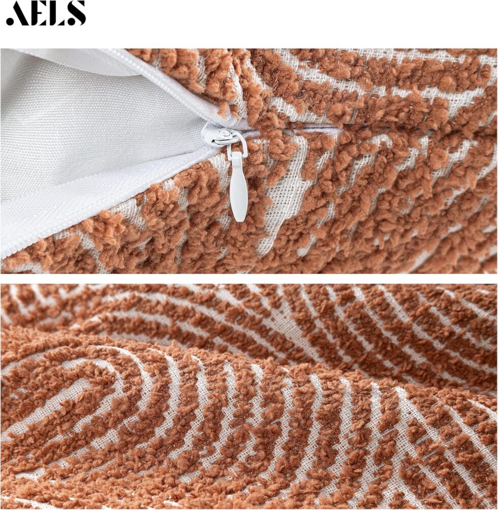 AELS Boho Decorative Textured Throw Pillow Covers 18x18, Organic Modern Mid Century Rainbow Tufted Pillow Case, Farmhouse Rustic Geometric Woven Cushion Case for Bed Couch Sofa, Burnt Orange