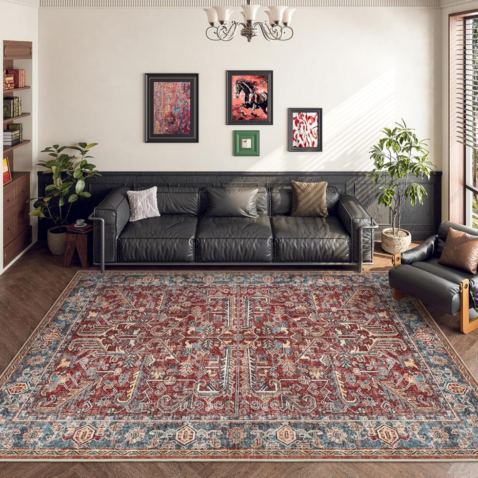 Valenrug Washable Rug 5x7 - Ultra-Thin Antique Collection Area Rug, Stain Resistant Rugs for Living Room Bedroom, Distressed Vintage Rug(Red, 5'x7')