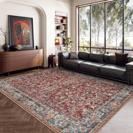 Valenrug Washable Rug 5x7 - Ultra-Thin Antique Collection Area Rug, Stain Resistant Rugs for Living Room Bedroom, Distressed Vintage Rug(Red, 5'x7')