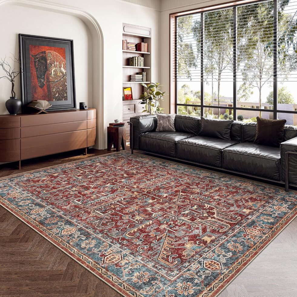 Valenrug Washable Rug 5x7 - Ultra-Thin Antique Collection Area Rug, Stain Resistant Rugs for Living Room Bedroom, Distressed Vintage Rug(Red, 5'x7')