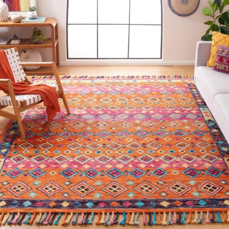 SAFAVIEH Aspen Collection Area Rug - 9' x 12', Orange & Fuchsia, Handmade Boho Braided Tassel Wool, Ideal for High Traffic Areas in Living Room, Bedroom (APN138A)