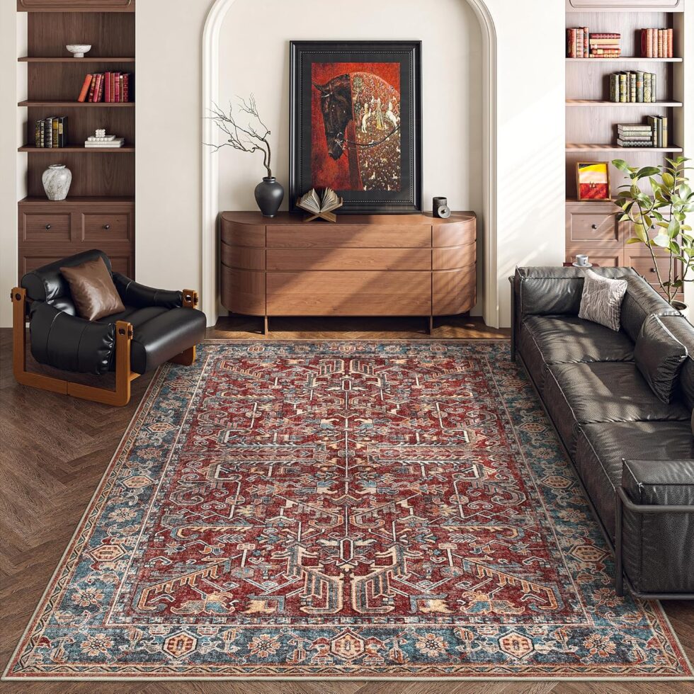 Valenrug Washable Rug 5x7 - Ultra-Thin Antique Collection Area Rug, Stain Resistant Rugs for Living Room Bedroom, Distressed Vintage Rug(Red, 5'x7')