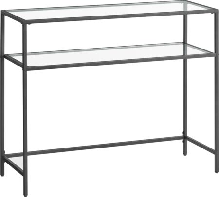 VASAGLE 39.4 Inch Console Sofa Table, Modern Entryway Table, Tempered Glass Table, Metal Frame, 2 Shelves, Adjustable Feet, for Living Room, Hallway, Black ULGT025B01