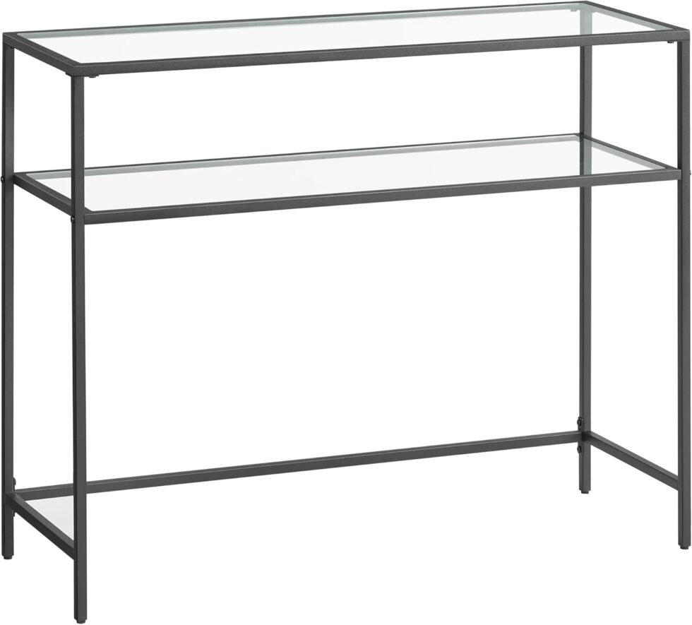 VASAGLE 39.4 Inch Console Sofa Table, Modern Entryway Table, Tempered Glass Table, Metal Frame, 2 Shelves, Adjustable Feet, for Living Room, Hallway, Black ULGT025B01