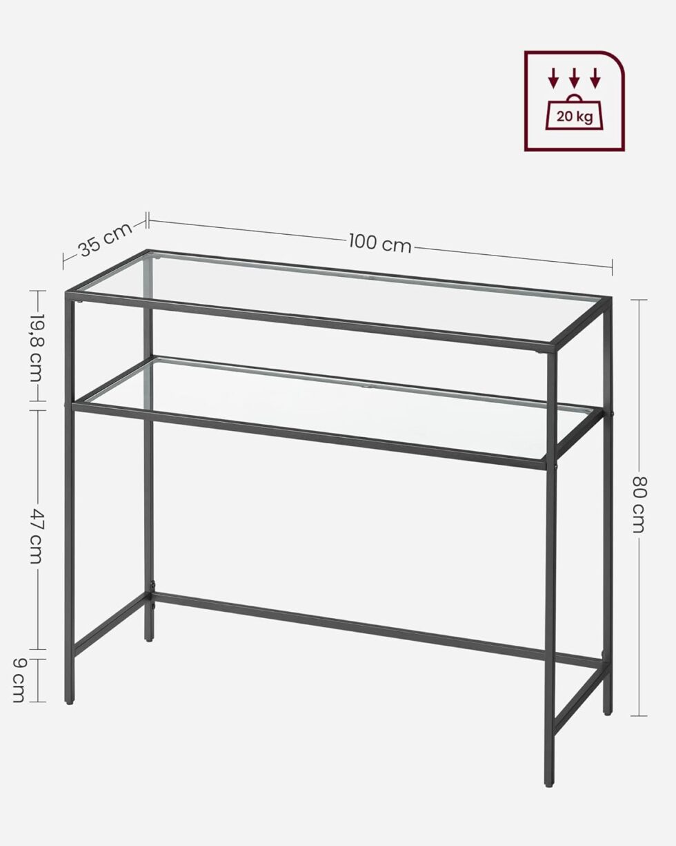 VASAGLE 39.4 Inch Console Sofa Table, Modern Entryway Table, Tempered Glass Table, Metal Frame, 2 Shelves, Adjustable Feet, for Living Room, Hallway, Black ULGT025B01