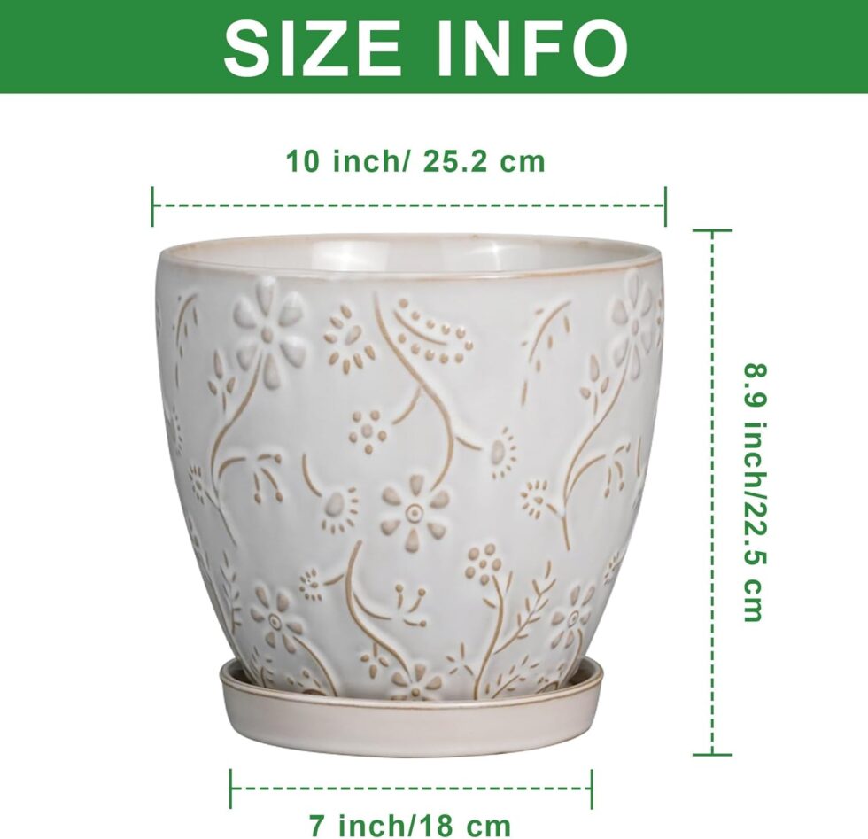 10 Inch Plant Pot Ceramic Planter Pot with Drainage Hole and Saucer Round Planter Large Flower Pot for Indoor Outdoor Plants Home Garden Decor White