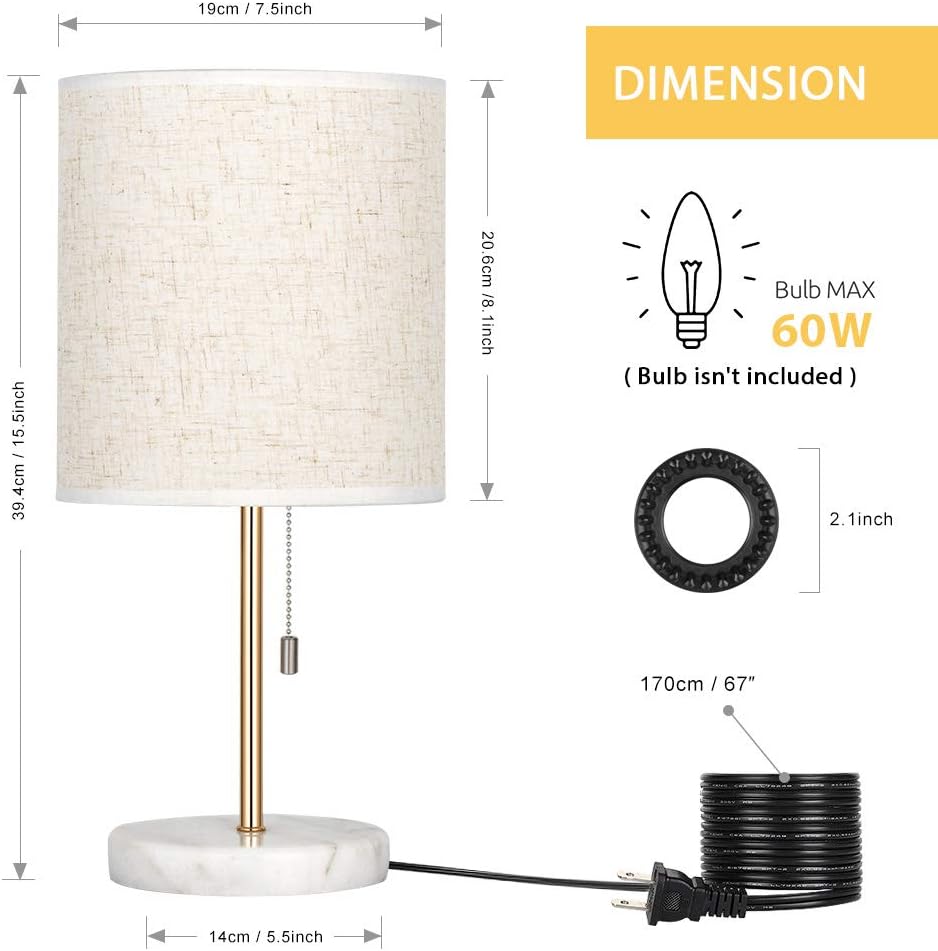 HAITRAL Bedside Table Lamp - Small Nightstand Lamp with Marble Base, Lamp for Bedroom, Office, Girls Room - Gold