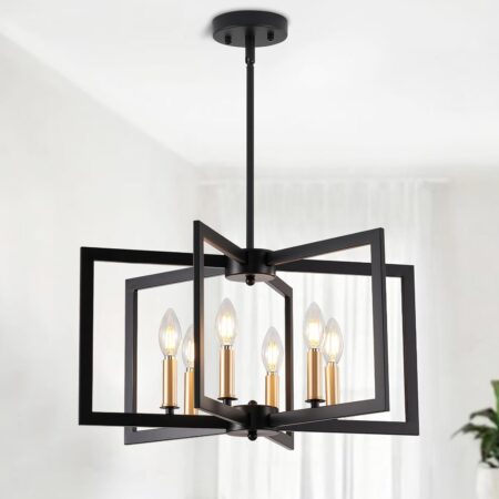 Black Chandelier, Dining Room Light Fixture Geometric Metal Modern Industrial Chandelier Lighting for Farmhouse Living Room Entryway Kitchen (E12 Bulbs Not Included, 6 Light, Black Gold)