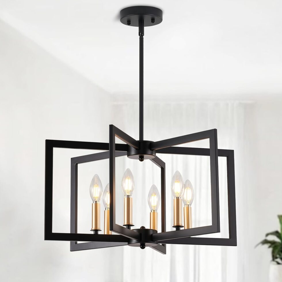 Black Chandelier, Dining Room Light Fixture Geometric Metal Modern Industrial Chandelier Lighting for Farmhouse Living Room Entryway Kitchen (E12 Bulbs Not Included, 6 Light, Black Gold)