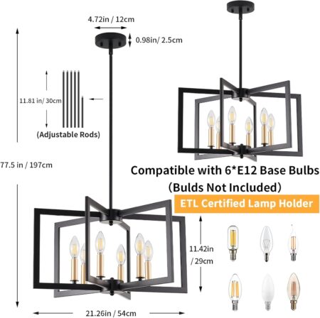 Black Chandelier, Dining Room Light Fixture Geometric Metal Modern Industrial Chandelier Lighting for Farmhouse Living Room Entryway Kitchen (E12 Bulbs Not Included, 6 Light, Black Gold)
