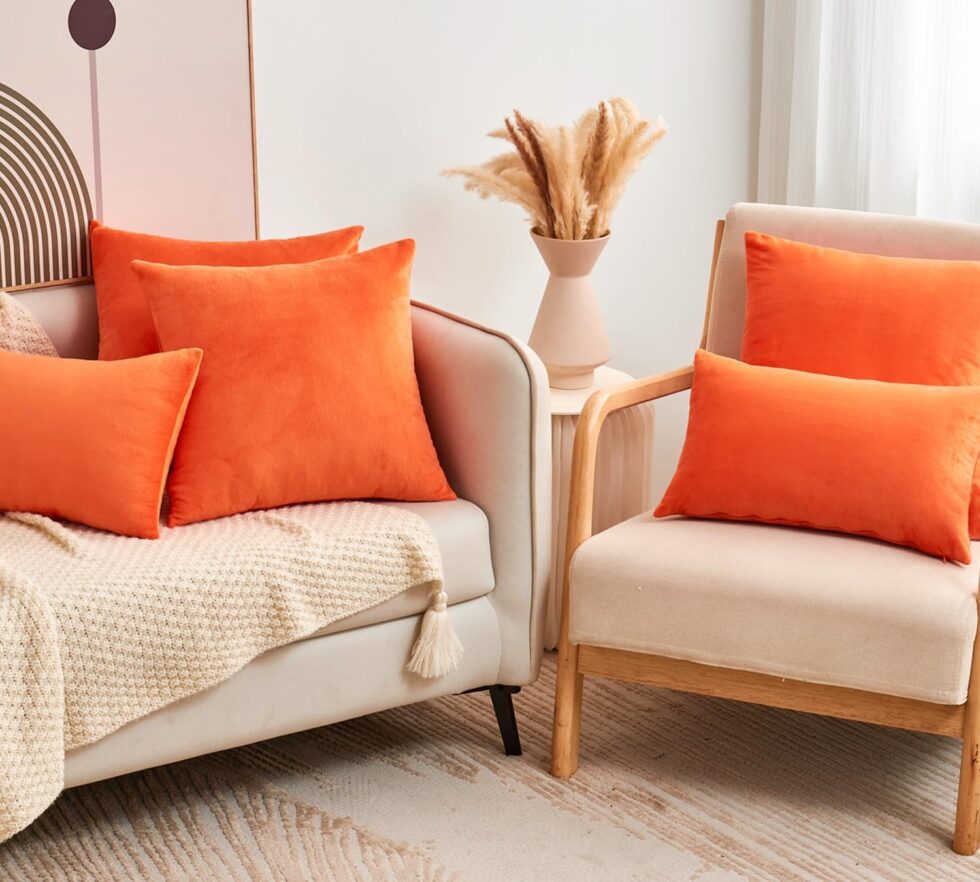 Fall Orange Throw Pillow Covers Decorative Velvet Set of 2 18x18 Inch Pillow Covers, Soft Burnt Orange Pillowcases for Couch Sofa Bed Living Room, Farmhouse Boho Decor, Accent Cushion Covers