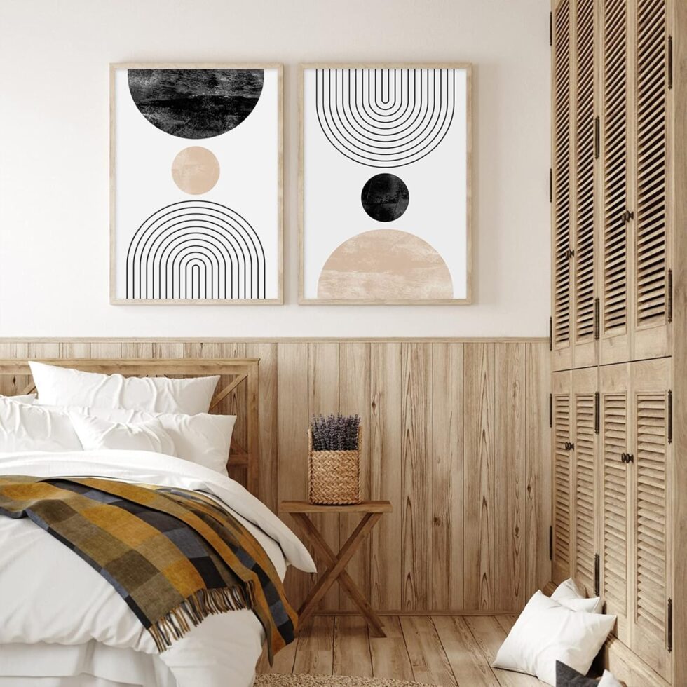 Mid Century Modern Wall Art Prints Set of 2, Neutral Abstract Geometric Wall Art Boho Canvas Prints Mid Century Eoind Wall Decor Modern Abstract Pictures Artwork for Home Room 16x24 Inch Unframed