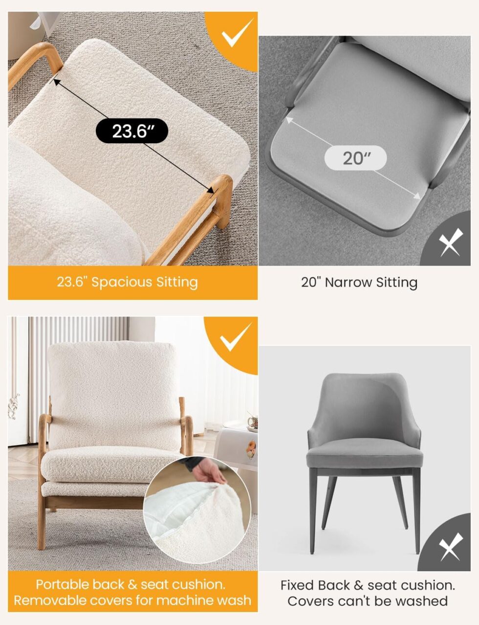 Mid Century Modern Accent Chairs for Living Room, 23” Wide Comfy Chair for Bedroom, Small Cozy Sherpa Reading Chairs for Adults, 108° Lounge Arm Chair with Detachable Cover, 5.5" Foam Cushion