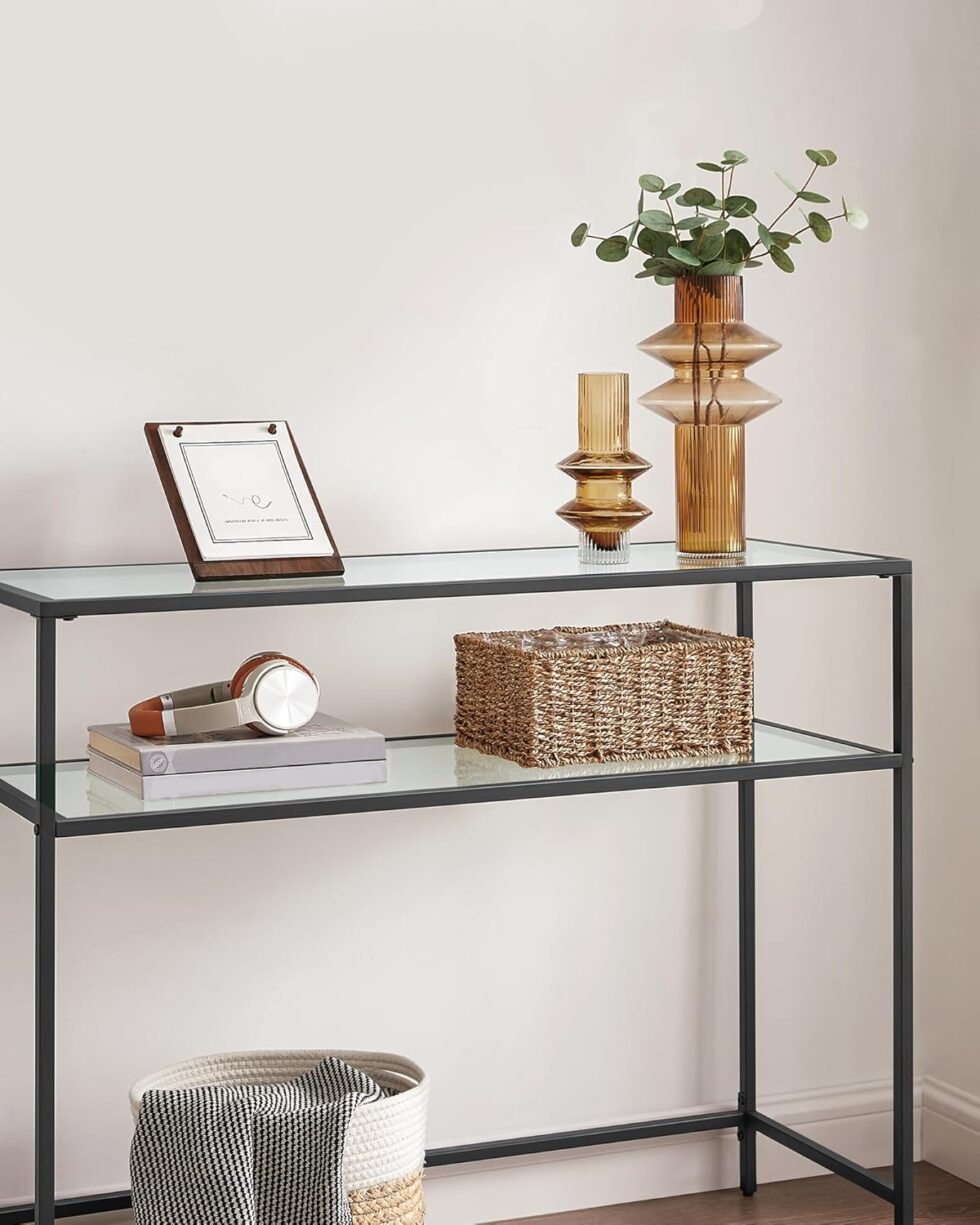VASAGLE 39.4 Inch Console Sofa Table, Modern Entryway Table, Tempered Glass Table, Metal Frame, 2 Shelves, Adjustable Feet, for Living Room, Hallway, Black ULGT025B01