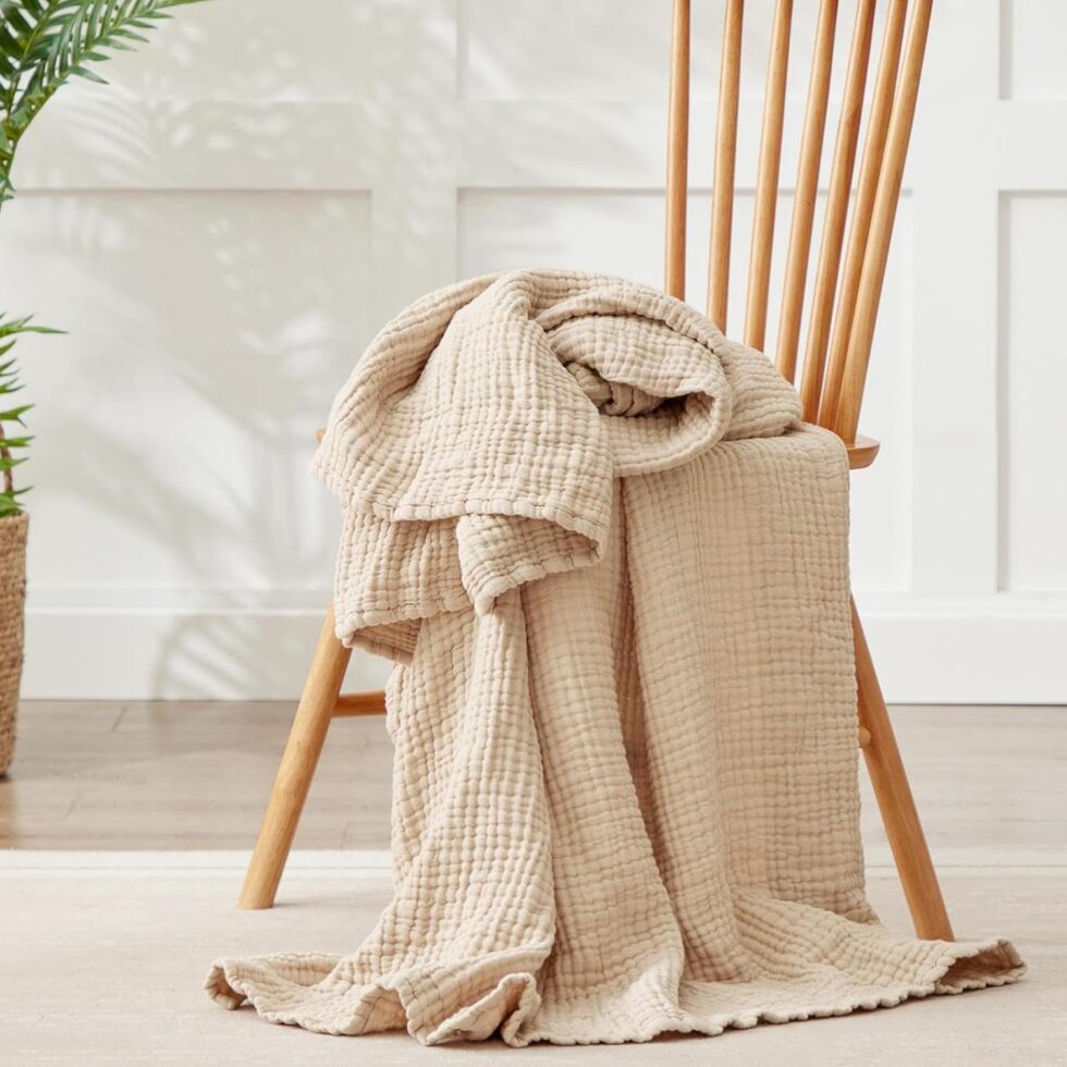100% Cotton Blanket Large 50"x 70", 6 Layers Muslin Blankets, Cooling and Soft Throw Blanket for Bed and Couch, Breathable Quilt Bedspread, Gauze Bedding for Adults, Oatmeal, Beige Linen