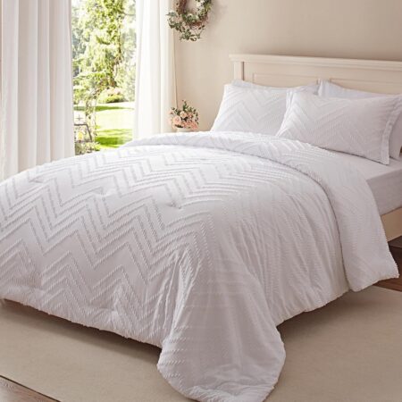 Anluoer King Bed in a Bag 7 Pieces, White Tufted Comforter Set with Comforters, Pillow Shams, Pillowcases, Flat Sheet, Fitted Sheet - All Season Bedding