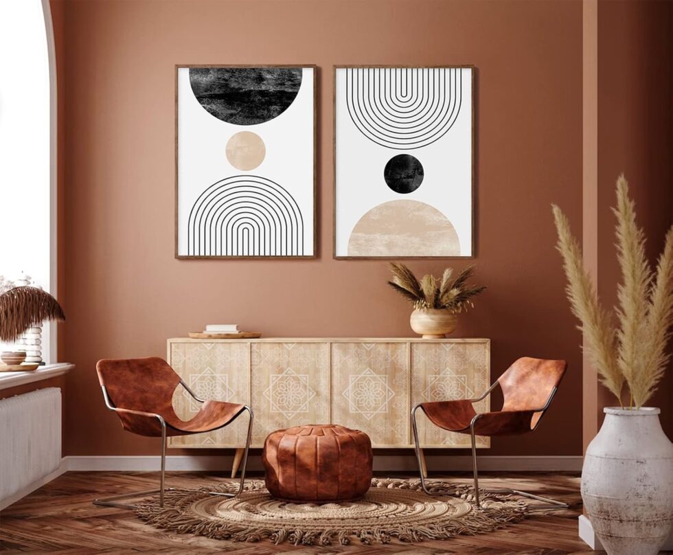 Mid Century Modern Wall Art Prints Set of 2, Neutral Abstract Geometric Wall Art Boho Canvas Prints Mid Century Eoind Wall Decor Modern Abstract Pictures Artwork for Home Room 16x24 Inch Unframed