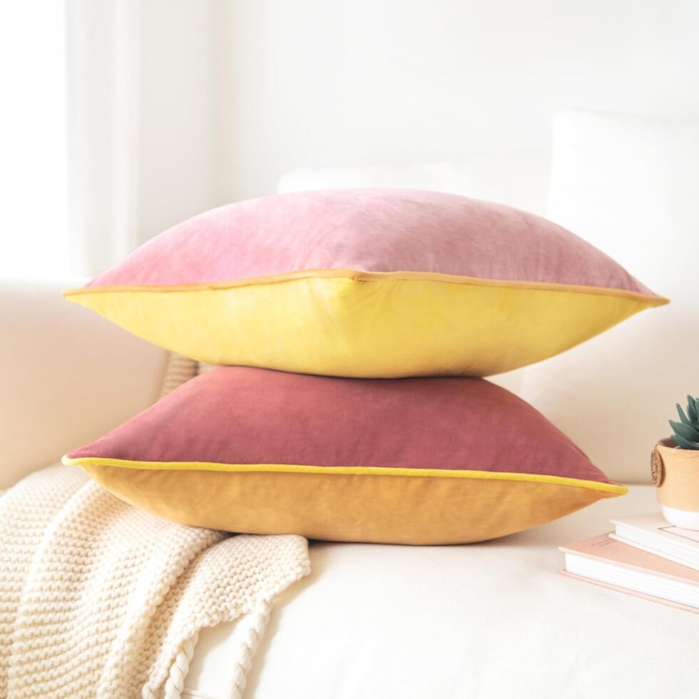 MONDAY MOOSE Decorative Throw Pillow Covers Cushion Cases, Set of 2 Soft Velvet Modern Double-Sided Designs, Mix and Match for Home Decor, Pillow Inserts Not Included (18x18 inch, Yellow/Pink)