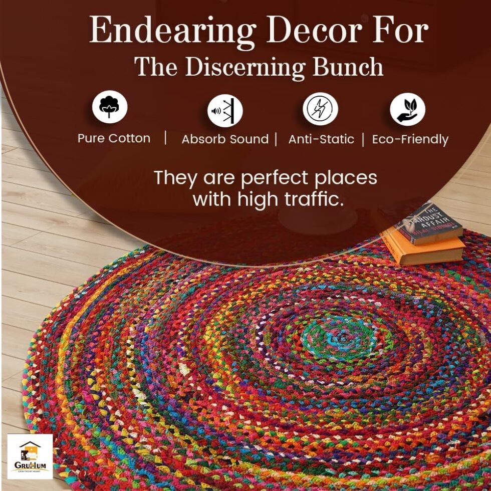 GRUHUM Round Jute Cotton Area Rug 8ft Handwoven Natural Fiber Multicolour Farmhouse Cotton Area Rug Soft Braided Rustic Vintage -Indoor EcoFriendly Kitchen Bedroom Living Hallways Enterways 8'ft Round