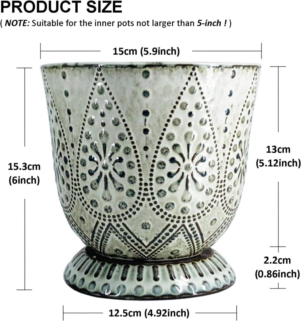 Gepege 6 Inch Beaded Ceramic Planter Set of 2 with Drainage Hole and Saucer for Plants, Indoor-Outdoor Large Round Succulent Orchid Flower Pot (Smoked Gray, Inner-pots not Larger Than 5 Inch)