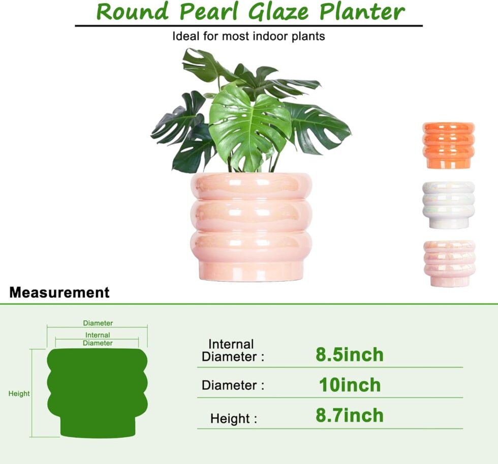 10 inch Ceramic Plant Pots for Indoor Plants, Rainbow Pearl Glaze Planter with Planters for Plants with Drainage Hole, Orchid Pots, Succulent Pot, Large Flower Pot (Pink)