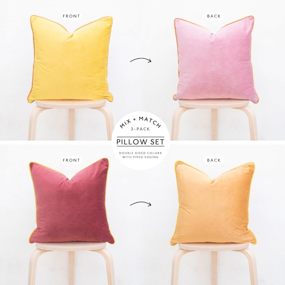 MONDAY MOOSE Decorative Throw Pillow Covers Cushion Cases, Set of 2 Soft Velvet Modern Double-Sided Designs, Mix and Match for Home Decor, Pillow Inserts Not Included (18x18 inch, Yellow/Pink)
